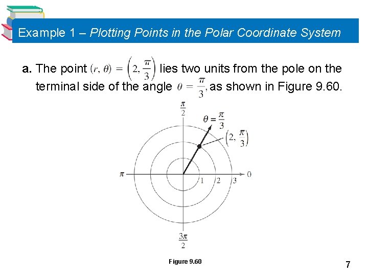 Example 1 – Plotting Points in the Polar Coordinate System a. The point lies Example 1 – Plotting Points in the Polar Coordinate System a. The point lies