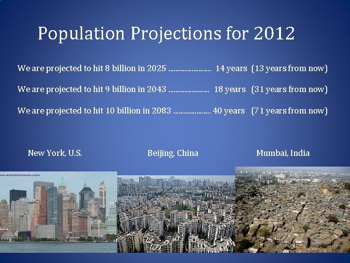 Population Projections for 2012 We are projected to hit 8 billion in 2025. .