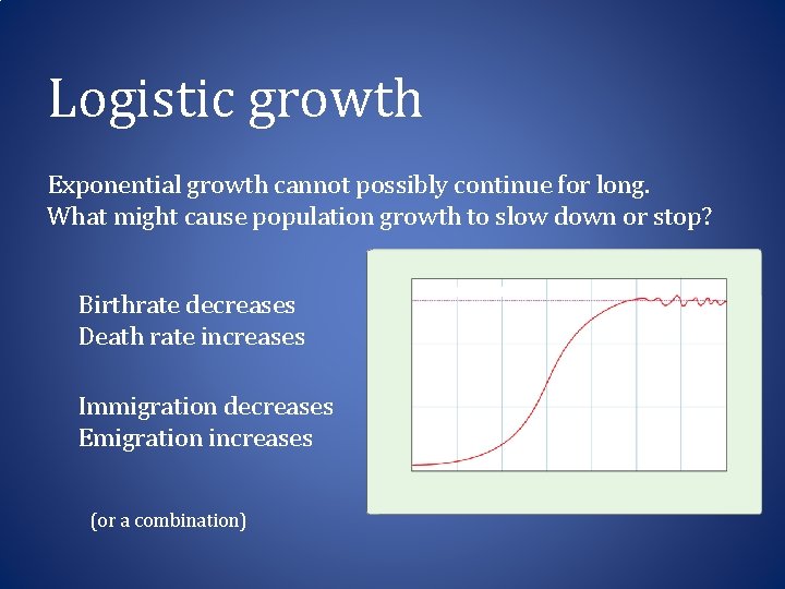 Logistic growth Exponential growth cannot possibly continue for long. What might cause population growth