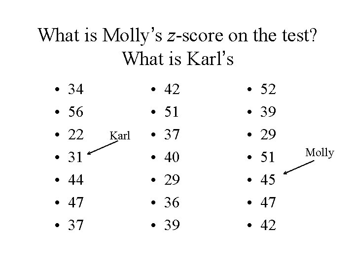 What is Molly’s z-score on the test? What is Karl’s • • 34 56