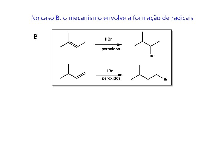 No caso B, o mecanismo envolve a formação de radicais B 