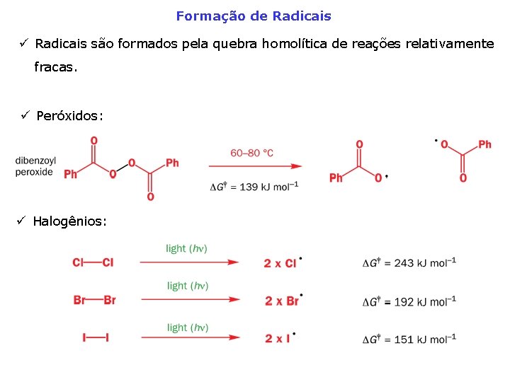 Formação de Radicais ü Radicais são formados pela quebra homolítica de reações relativamente fracas.