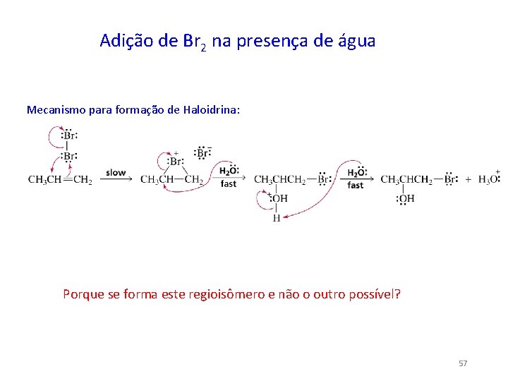 Adição de Br 2 na presença de água Mecanismo para formação de Haloidrina: Porque