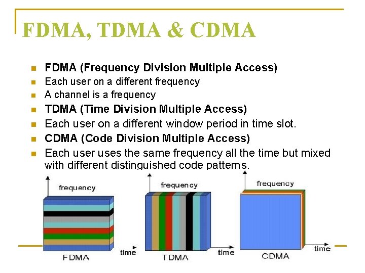 FDMA, TDMA & CDMA n FDMA (Frequency Division Multiple Access) n Each user on