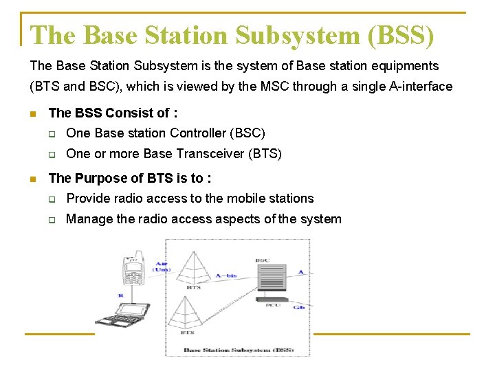 The Base Station Subsystem (BSS) The Base Station Subsystem is the system of Base