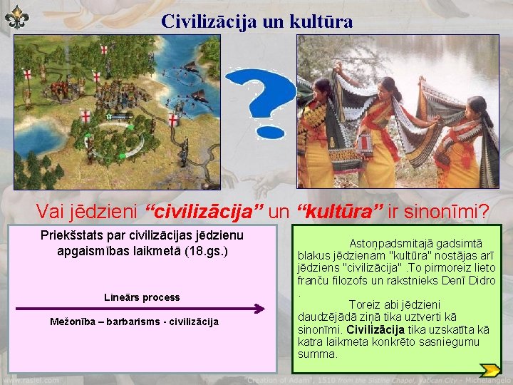Civilizācija un kultūra Vai jēdzieni “civilizācija” un “kultūra” ir sinonīmi? Priekšstats par civilizācijas jēdzienu