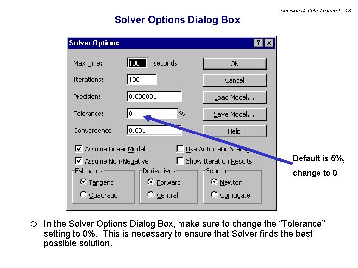 Decision Models Lecture 5 13 Solver Options Dialog Box Default is 5%, change to