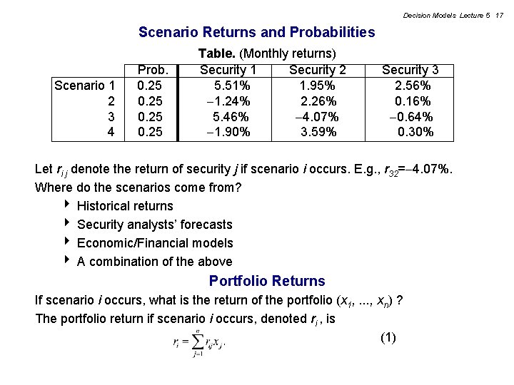 Decision Models Lecture 5 17 Scenario Returns and Probabilities Scenario 1 2 3 4 Decision Models Lecture 5 17 Scenario Returns and Probabilities Scenario 1 2 3 4