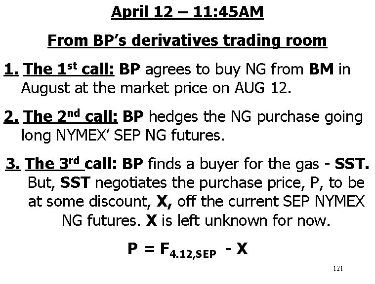 April 12 – 11: 45 AM From BP’s derivatives trading room 1. The 1