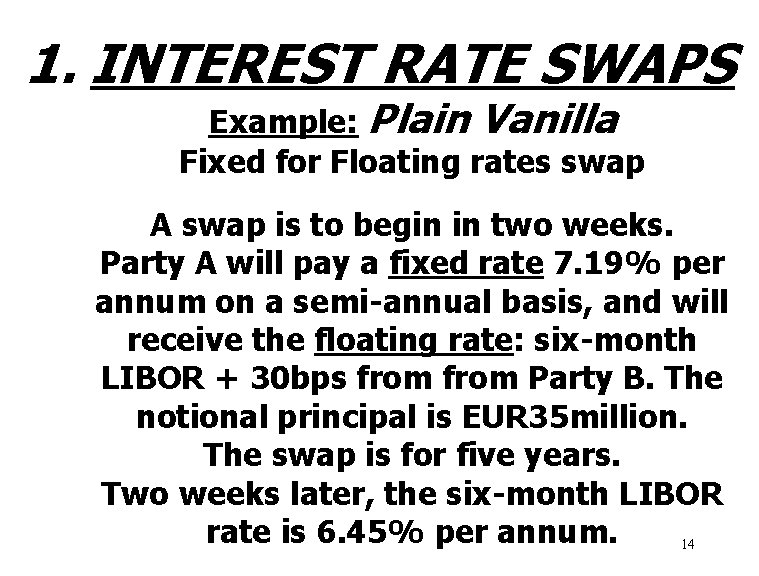 1. INTEREST RATE SWAPS Example: Plain Vanilla Fixed for Floating rates swap A swap