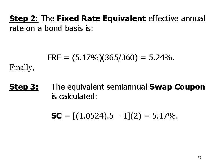 Step 2: The Fixed Rate Equivalent effective annual rate on a bond basis is: