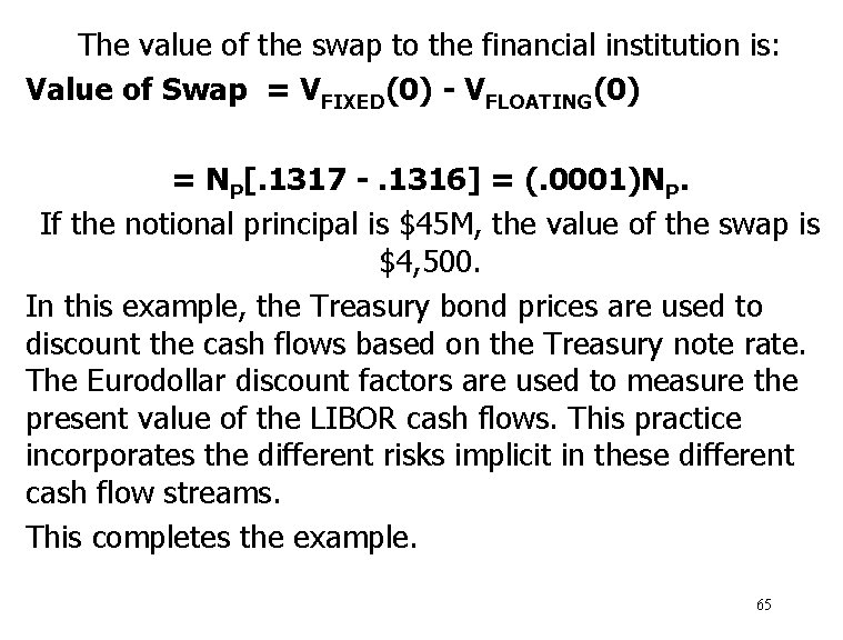 The value of the swap to the financial institution is: Value of Swap =