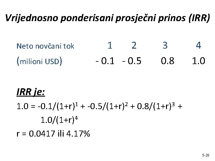 Vrijednosno ponderisani prosječni prinos (IRR) Neto novčani tok (milioni USD) 1 2 - 0.