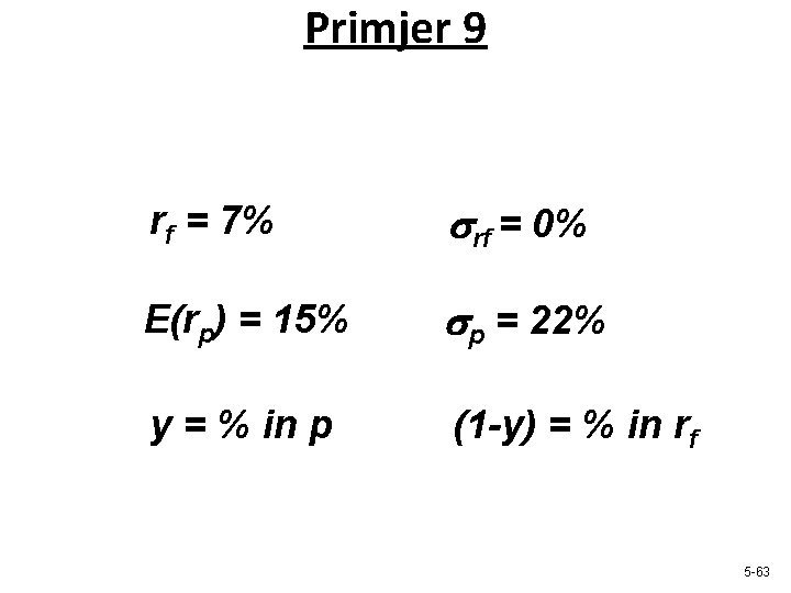 Primjer 9 rf = 7% srf = 0% E(rp) = 15% sp = 22%