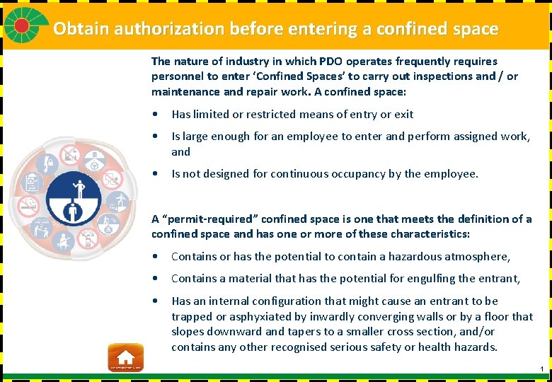 Obtain authorization before entering a confined space The nature of industry in which PDO