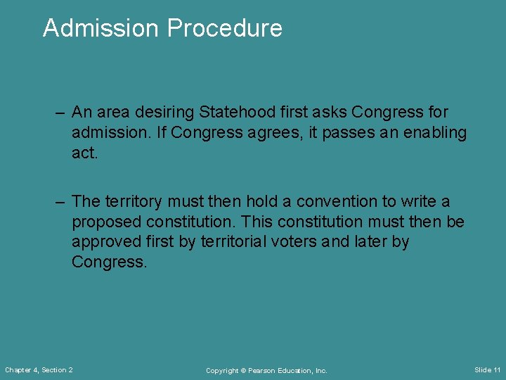 Admission Procedure – An area desiring Statehood first asks Congress for admission. If Congress