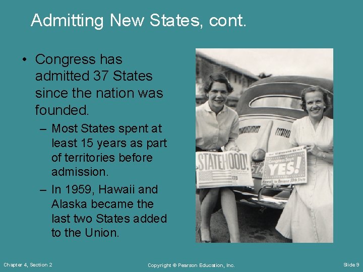 Admitting New States, cont. • Congress has admitted 37 States since the nation was