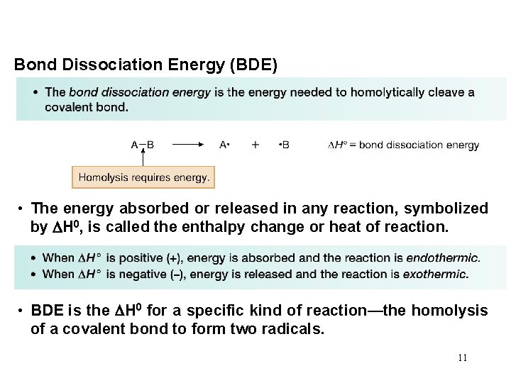 Bond Dissociation Energy (BDE) • The energy absorbed or released in any reaction, symbolized
