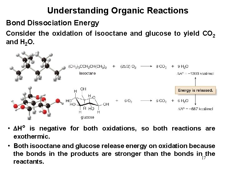 Understanding Organic Reactions Bond Dissociation Energy Consider the oxidation of isooctane and glucose to