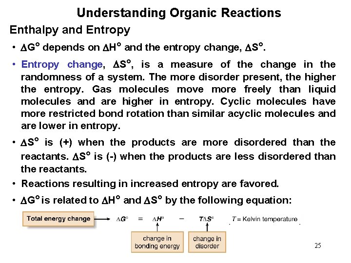 Understanding Organic Reactions Enthalpy and Entropy • G° depends on H° and the entropy
