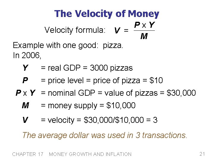 The Velocity of Money Px. Y Velocity formula: V = M Example with one