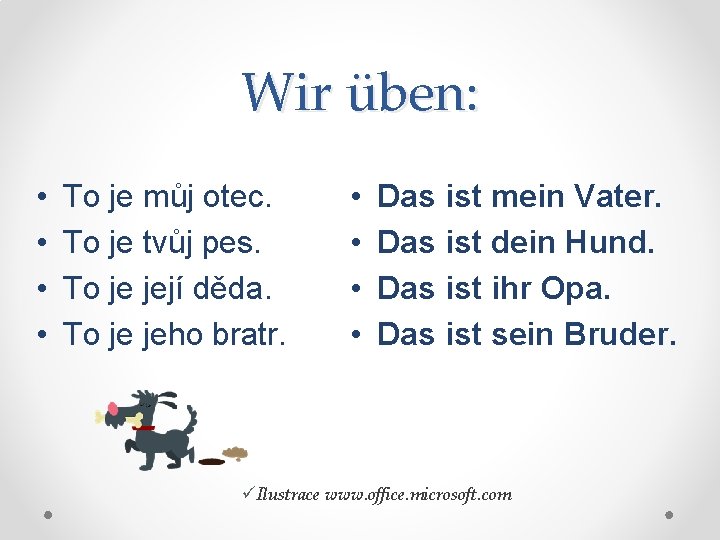 Wir üben: • • To je můj otec. To je tvůj pes. To je