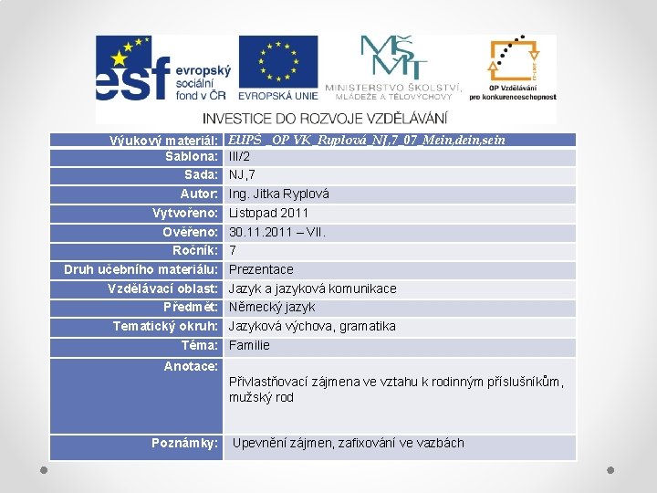 Výukový materiál: Šablona: Sada: Autor: Vytvořeno: Ověřeno: Ročník: Druh učebního materiálu: Vzdělávací oblast: Předmět: