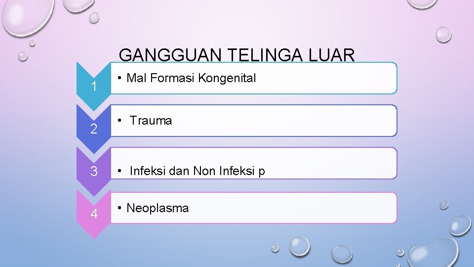 GANGGUAN TELINGA LUAR 1 2 • Mal Formasi Kongenital • Trauma 3 • Infeksi