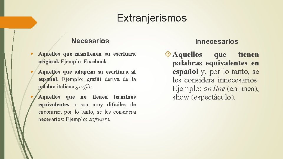 Extranjerismos Necesarios Aquellos que mantienen su escritura original. Ejemplo: Facebook. Aquellos que adaptan su