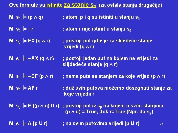 Ove formule su istinite za stanje s 0 (za ostala stanja drugačije) M, s