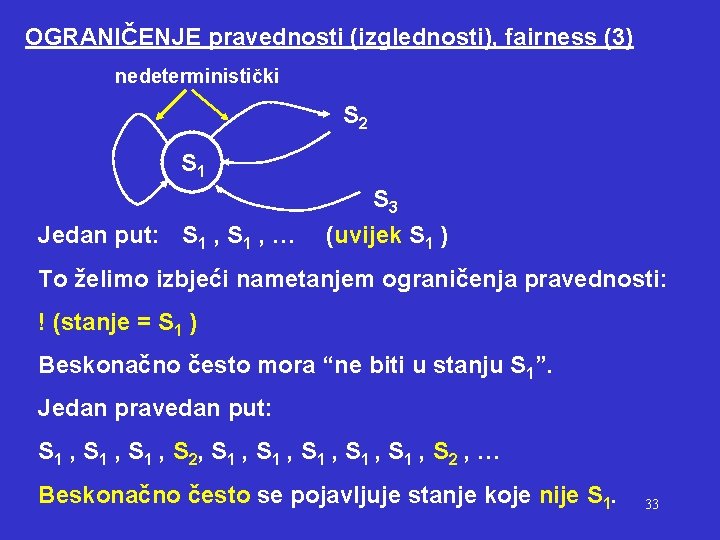 OGRANIČENJE pravednosti (izglednosti), fairness (3) nedeterministički S 2 S 1 S 3 Jedan put: