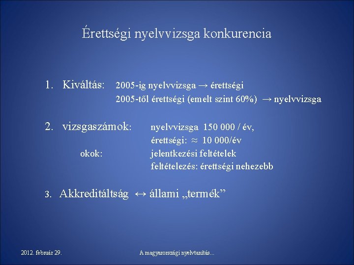 Érettségi nyelvvizsga konkurencia 1. Kiváltás: 2005 -ig nyelvvizsga → érettségi 2005 -től érettségi (emelt