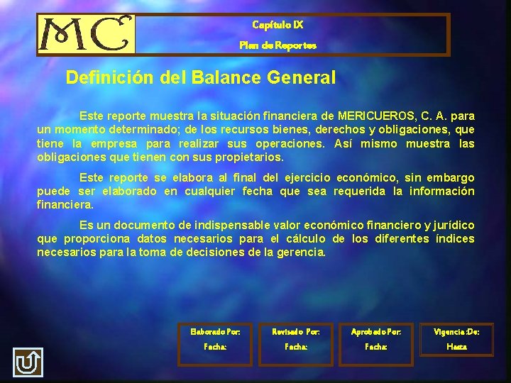 Capítulo IX Plan de Reportes Definición del Balance General Este reporte muestra la situación