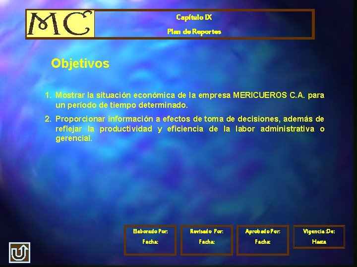 Capítulo IX Plan de Reportes Objetivos 1. Mostrar la situación económica de la empresa