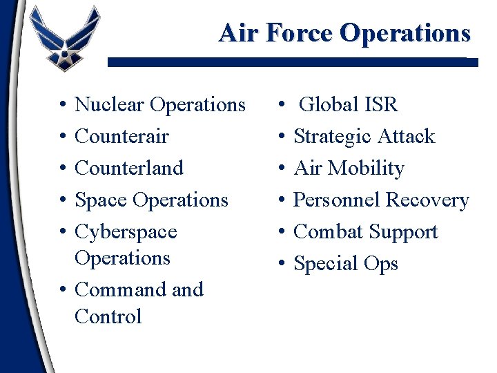 Air Force Operations • • • Nuclear Operations Counterair Counterland Space Operations Cyberspace Operations