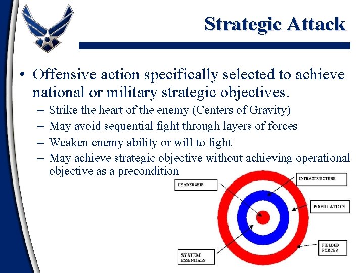 Strategic Attack • Offensive action specifically selected to achieve national or military strategic objectives.