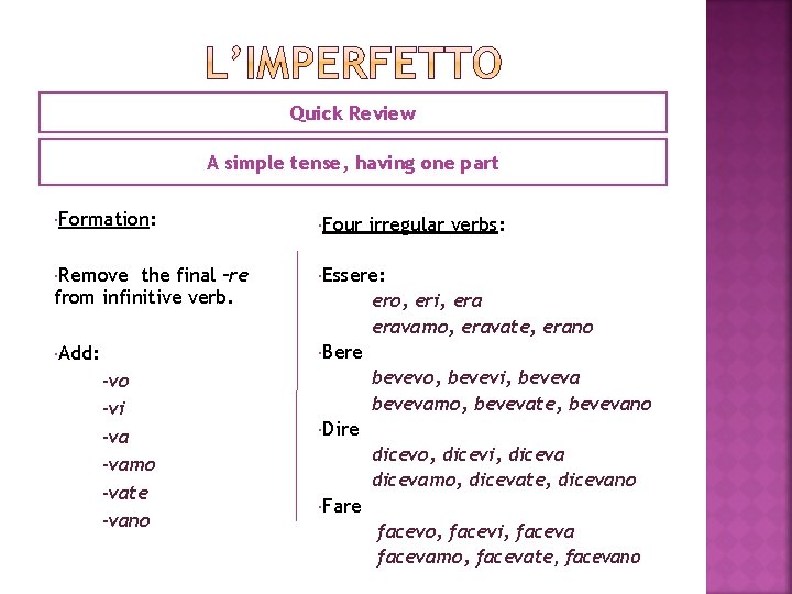 Quick Review A simple tense, having one part Formation: Four Remove the final –re