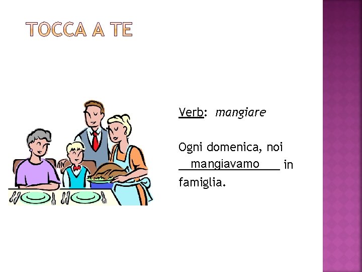 Verb: mangiare Ogni domenica, noi mangiavamo ________ in famiglia. 