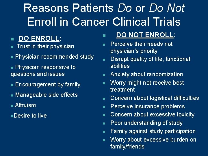 Reasons Patients Do or Do Not Enroll in Cancer Clinical Trials n n n