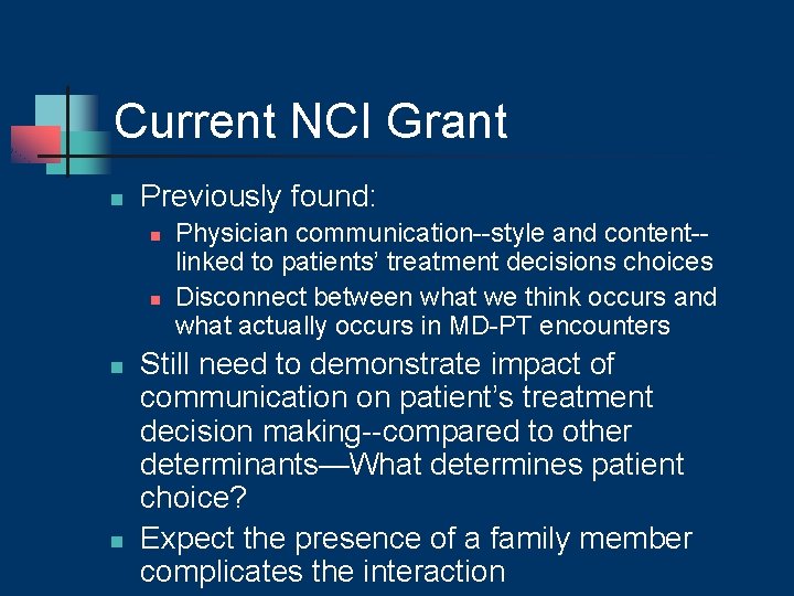 Current NCI Grant n Previously found: n n Physician communication--style and content-linked to patients’