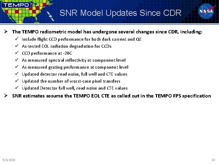 SNR Model Updates Since CDR Ø The TEMPO radiometric model has undergone several changes