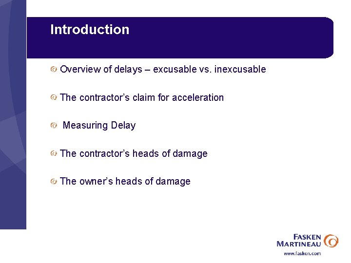 Introduction Overview of delays – excusable vs. inexcusable The contractor’s claim for acceleration Measuring