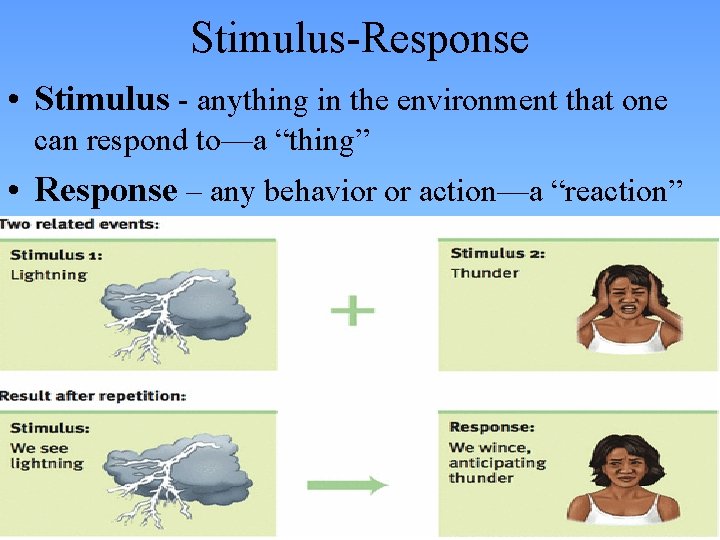 Stimulus-Response • Stimulus - anything in the environment that one can respond to—a “thing”