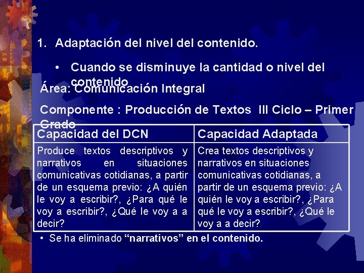 1. Adaptación del nivel del contenido. • Cuando se disminuye la cantidad o nivel