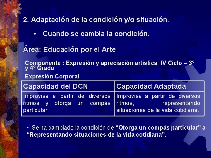 2. Adaptación de la condición y/o situación. • Cuando se cambia la condición. Área: