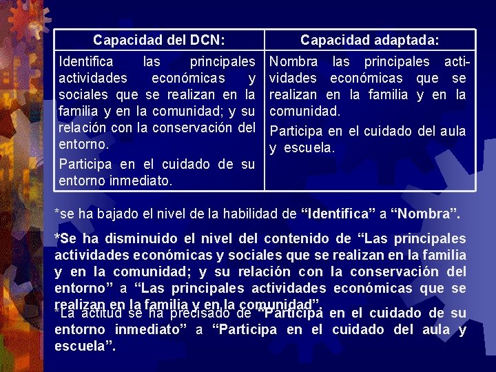 Capacidad del DCN: Capacidad adaptada: Identifica las principales actividades económicas y sociales que se