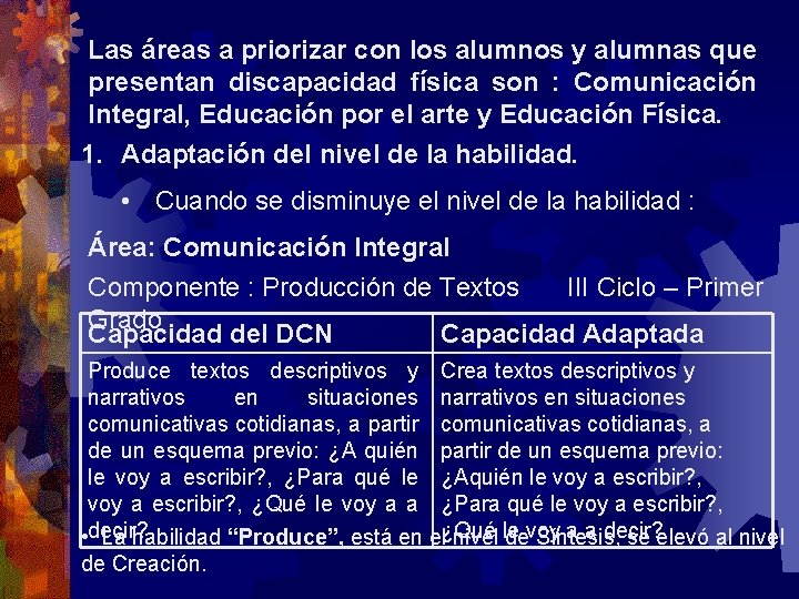 Las áreas a priorizar con los alumnos y alumnas que presentan discapacidad física son