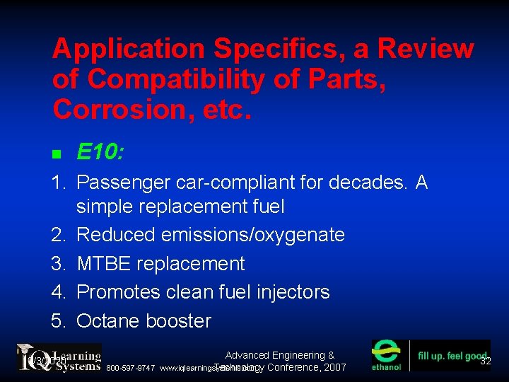 Application Specifics, a Review of Compatibility of Parts, Corrosion, etc. E 10: 1. Passenger