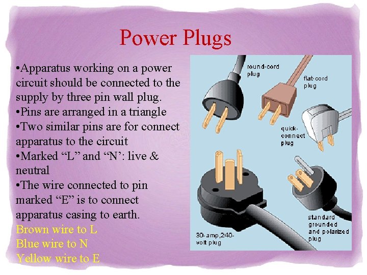 Power Plugs • Apparatus working on a power circuit should be connected to the