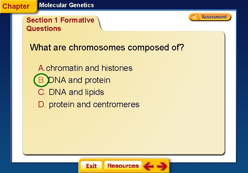 Chapter Molecular Genetics Section 1 Formative Questions What are chromosomes composed of? A. chromatin